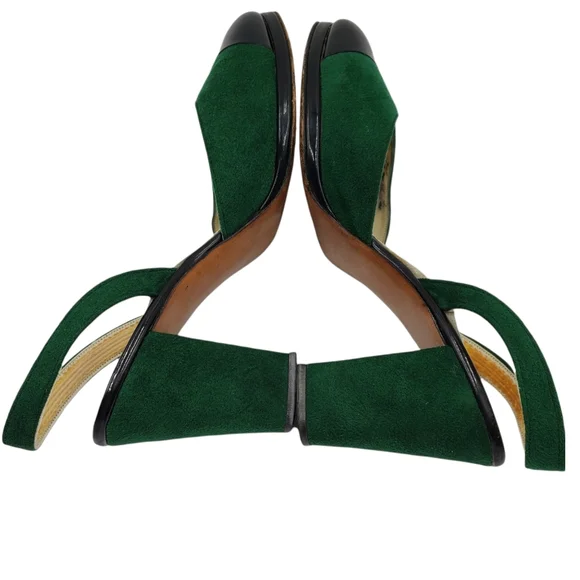 Vintage MCM Green Suede Patent Leather Heels Slingback Block Heel Mary Jane - Picture 3 of 11